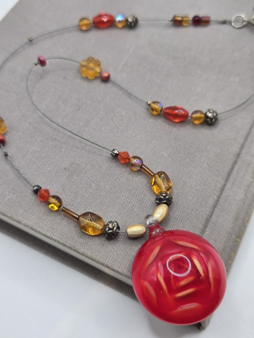 Gothic Red Glass Flower Choker Necklace 17" Y2k Whimsigoth Vampire wire Cord